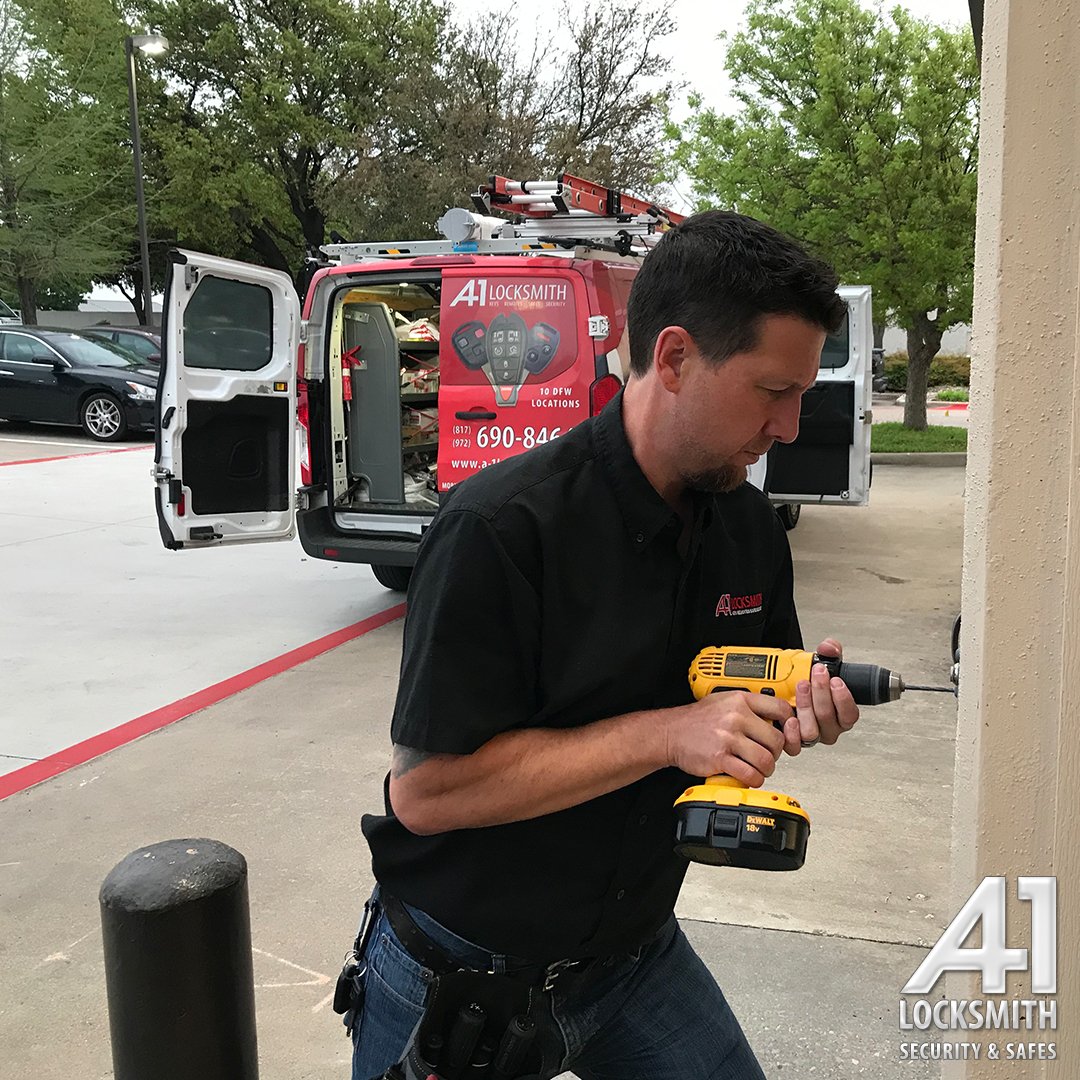 A1LocksmithDFW's tweet image. Here&apos;s a little #BehindTheScenes of our #SecurityGroup division installing a #custom #SecuritySolution. If you need security designed for your business, give A-1 Locksmith a call! 972-690-8464