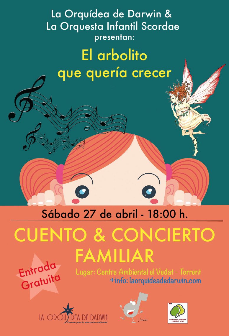 OrquideaDarwin's tweet photo. Participa en familia #Cuento #EducaciónAmbiental narración con música de la #OrquestaScordae en @Aj_Torrent #CAVedat entrada #GRATUITA @NaturayCultura2 https://t.co/0ilBFgoIFf
