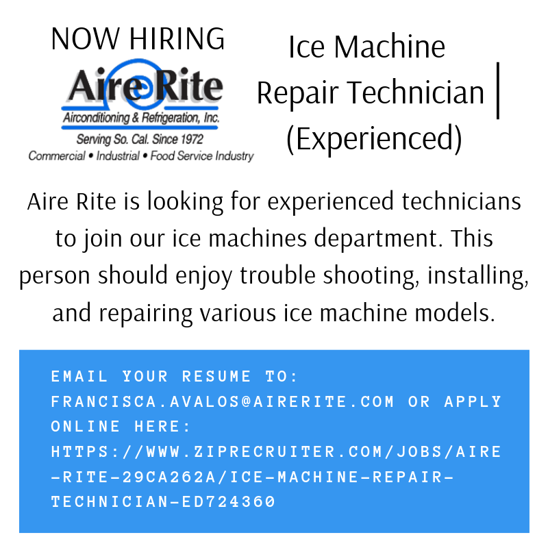 aire_rite's tweet photo. #nowhiring #IceMachine #RepairTechnician (Experienced)
@aire_rite is looking for experienced technicians to join our ice machines department. This person should enjoy troubleshooting, installing, and repairing various ice machine models. https://t.co/PDt6OYV1rX