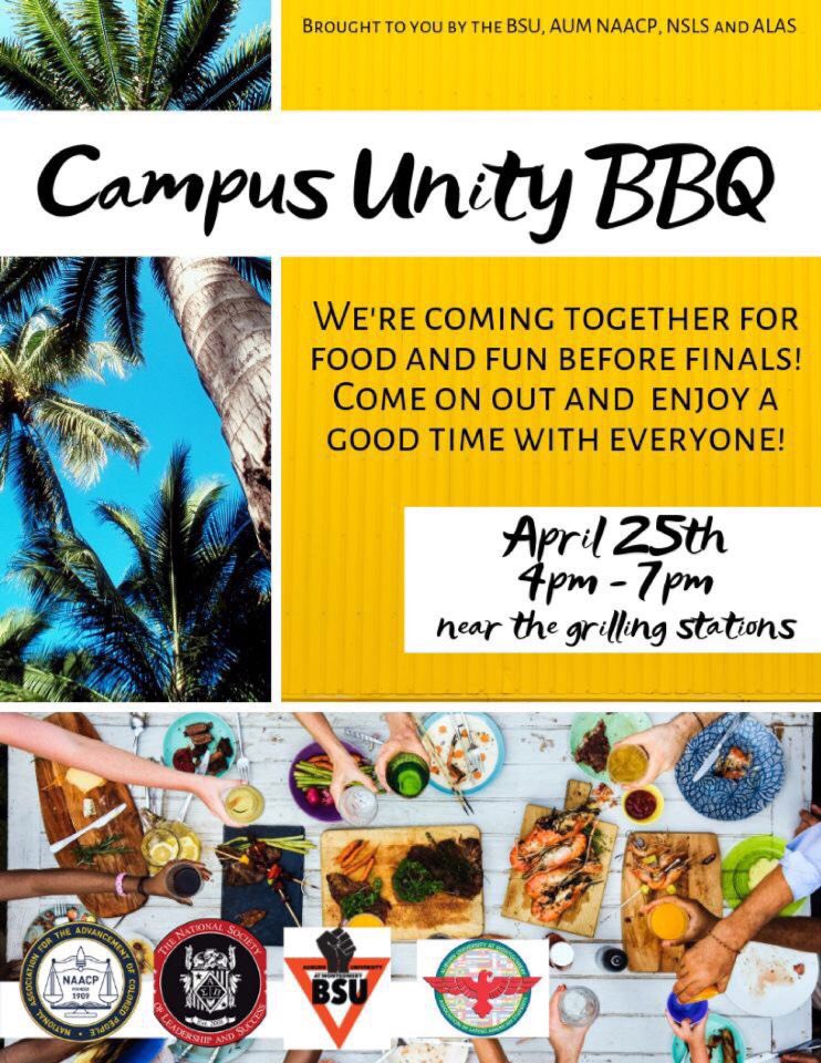 Annnd we’re back!! Next Thursday, at 4pm, come out and have a blast with us at our Campus Unity BBQ!! Bring some friends and get ready to have some end of the semester fun 🙌🏾🎉