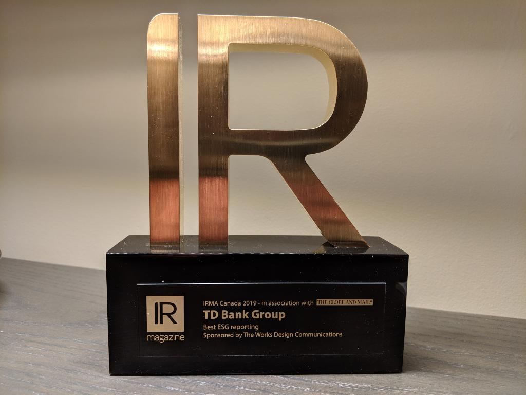 We're excited to announce that TD has been awarded Best ESG (Environmental, Social &amp; Governance) Reporting in Canada for 2019 by @IRMagazine. Read our reports and learn how we're helping to build a more inclusive and sustainable tomorrow here: go.td.com/2usC6pr
