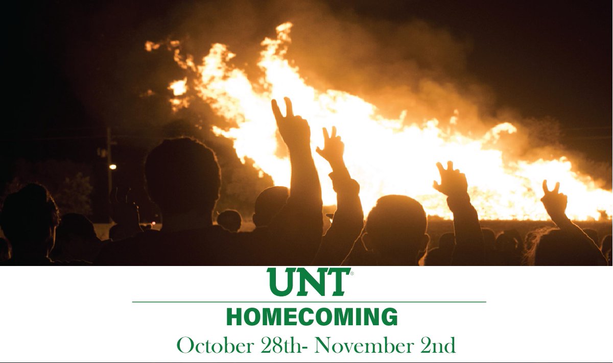 UNTHomecoming's tweet photo. We're excited to announce the Homecoming 2019 date! Homecoming will be ready to rock from October 28th - November 2nd! The football game will be November 2, kick off TBD. #GoMeanGreen! #UNTHC19 @MeanGreenSports https://t.co/iPVWQ6tJAk