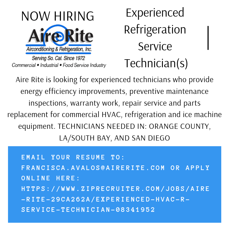 aire_rite's tweet photo. @aire_rite is #nowhiring #Experienced #Refrigeration #ServiceTechnician who provide #energyefficiency improvements #preventivemaintenance #inspections #warrantywork #repairservice #partsreplacement for #commercialHVAC #refrigeration #icemachine  #OC #LA #SOUTHBAY #SanDiego https://t.co/JfLTdfnSPY