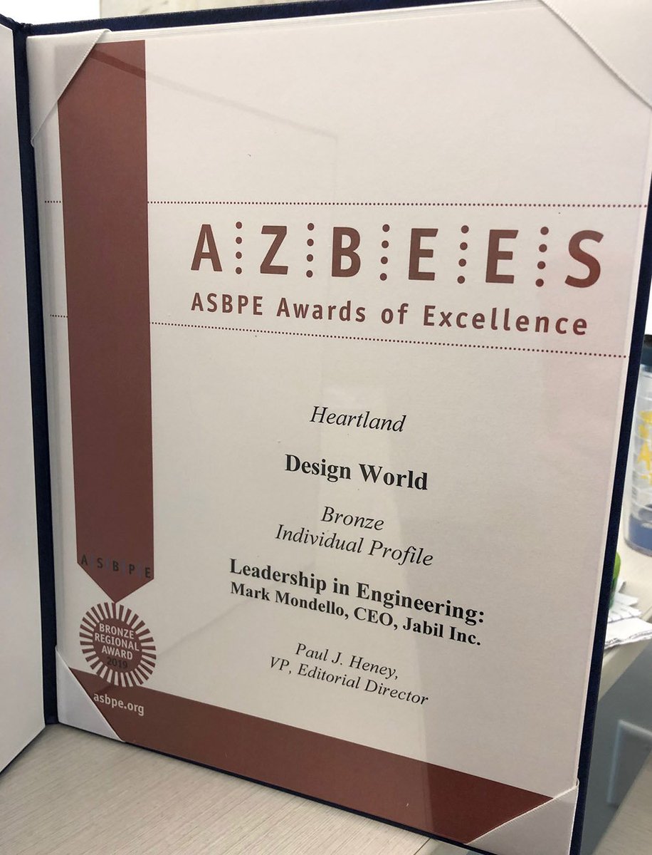 wtwh_paulheney's tweet photo. Excited to receive a regional Azbee award for my profile of @jabil CEO Mark Mondello today! If you missed the profile, it's available online at https://t.co/RqGZmdGsoB @DesignWorld @ASBPE @DW_LisaEitel @DW_MaryGannon @DW_Motion @SMMcCafferty @wtwh_memich #Azbees #ASBPE https://t.co/EEJkxezPFl