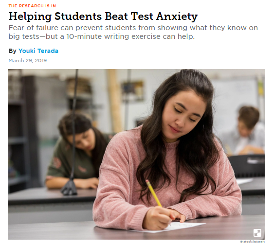 Test anxiety? This article discusses how having students write about their stress can help them overcome it, and reduce socioeconomic differences in performance (marginalized students often perform worse on tests). Via <a href="/edutopia/">edutopia</a>  edut.to/2IuNPKu