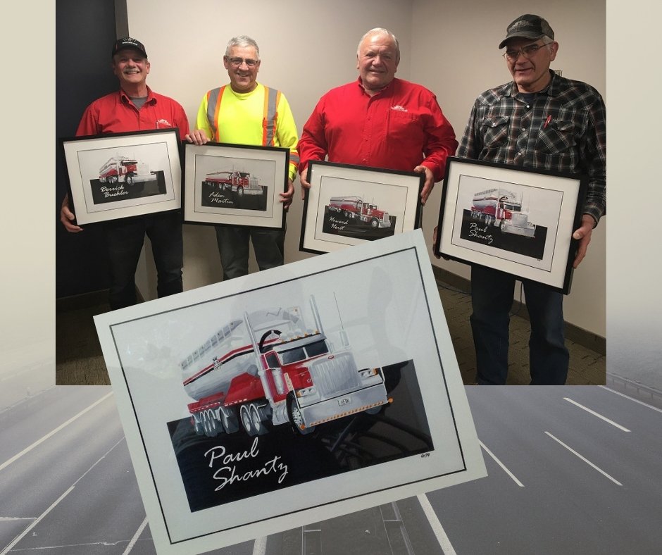 WallensteinFeed's tweet photo. The Transport Team at @WallensteinFeed honoured a few of their own this week. Derrick Buehler, Aden Martin, Howard Horst &amp; Paul Shantz have a combined 170+ years of exceptional service. Their trucks were immortalized by WFS Fleet Maintenance Coordinator Greg Fleet.
#TruckDriver https://t.co/mUdQbN5irJ
