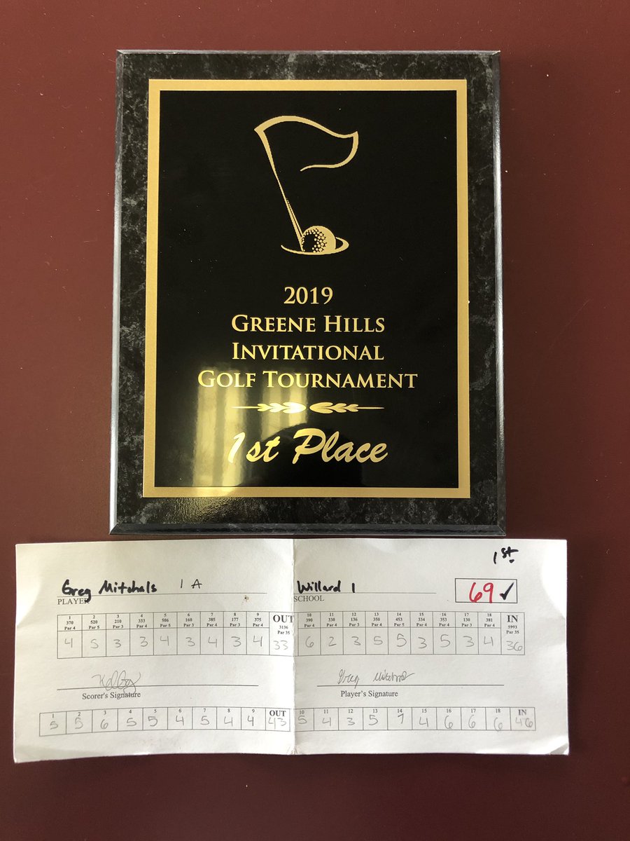 WillardHSgolf's tweet photo. A great day for Willard golf as they win the Greene Hills Invitational with a team score of 324. Greg Mitchals won the individual title as well an amazing score of 69! Brandon White 3rd (81) and Nathan MacLaughlin 6th (83). https://t.co/d1sx3fEHiX
