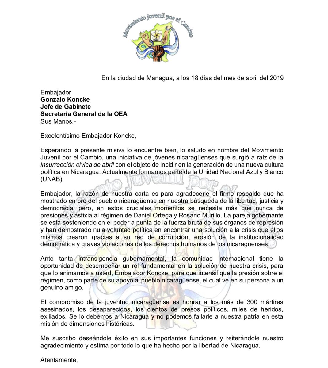 MJC_NIC's tweet photo. En el primer aniversario de la insurrección cívica de abril, le agradecemos al Embajador Gonzalo Koncke por todo su respaldo y lo animamos a redoblar la presión sobre el régimen Orteguista en aras de la libertad del pueblo nicaragüense #SOSNicaragua https://t.co/7Z2EQ0Nycd