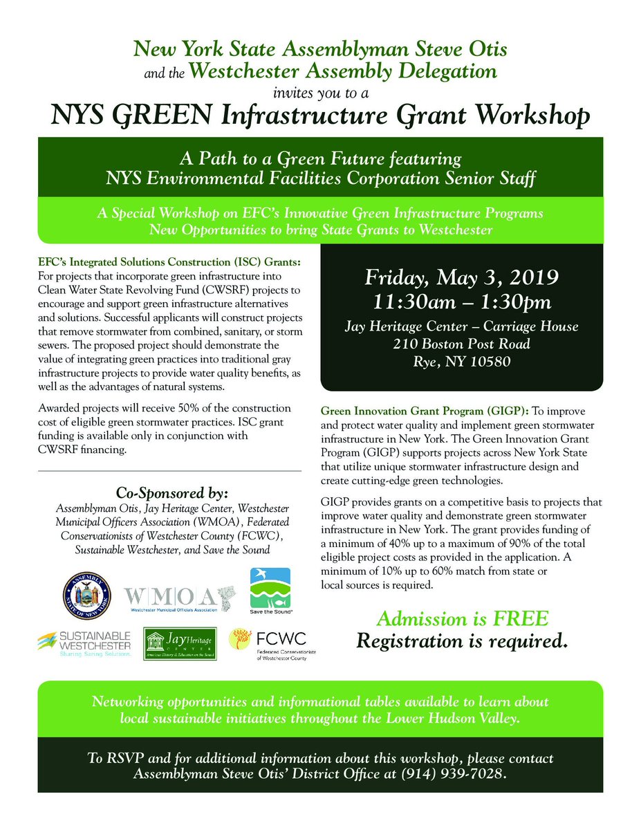 JGPretlow's tweet photo. My colleague Assemblyman Steve Otis and the Westchester Assembly Delegation invites you all to a NYS Green Infrastructure Grant Workshop. https://t.co/9h9qXNdtOA
