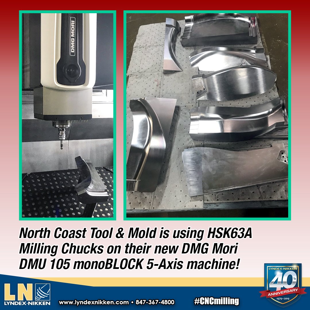 Lyndex_Nikken's tweet photo. North Coast Tool &amp; Mold is using #HSK63A Milling Chucks on their new #DMGMori DMU 105 monoBLOCK 5-Axis machine. Thanks to Dave Schell from DMG Mori for suggesting #LyndexNikken!

#Manufacturing #CNCmachining #5thAxis #MillingChuck https://t.co/wmCu7bzg3G