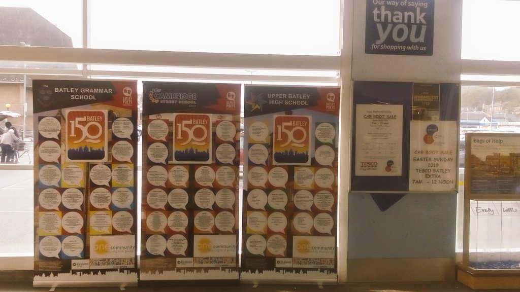 muhmdibneahmd's tweet photo. So I popped in this morning and the @BatleyPoets banners were near the @batley_extra cafe, by afternoon.... They had walked to the entrance! https://t.co/nhUX1q8ktO
