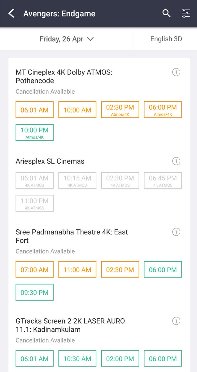 #AvengersEndgame Bookings have opened in Kerala and receiving phenomenal response from the audience 🔥

Few screenes opened bookings in Trivandrum including the prestigious Ariesplex &amp; the tickets for all the shows were sold out in minutes 🙏

<a href="/joympillai/">Joy M</a> #Avengers #Kerala