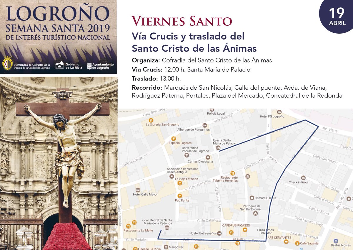 ssantalogrono's tweet photo. #ViernesSanto, 19 Abril:
Procesión Silencio y Dolor de María Magdalena.
Vía-Crucis al Cristo del Humilladero.
Vía-Crucis y traslado del Santo Cristo de las Ánimas.
Magna Procesión del Santo Entierro.
#SemanaSantaLogroño #SemanaSanta2019 https://t.co/sObeh77rCG