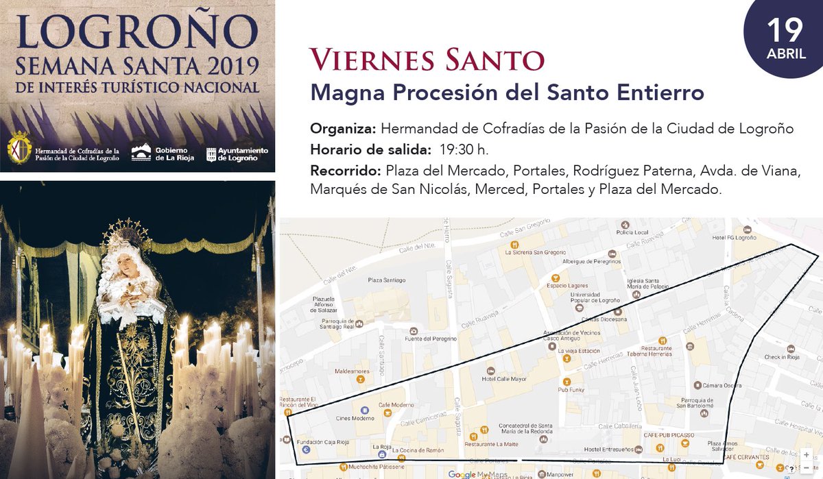 ssantalogrono's tweet photo. #ViernesSanto, 19 Abril:
Procesión Silencio y Dolor de María Magdalena.
Vía-Crucis al Cristo del Humilladero.
Vía-Crucis y traslado del Santo Cristo de las Ánimas.
Magna Procesión del Santo Entierro.
#SemanaSantaLogroño #SemanaSanta2019 https://t.co/sObeh77rCG