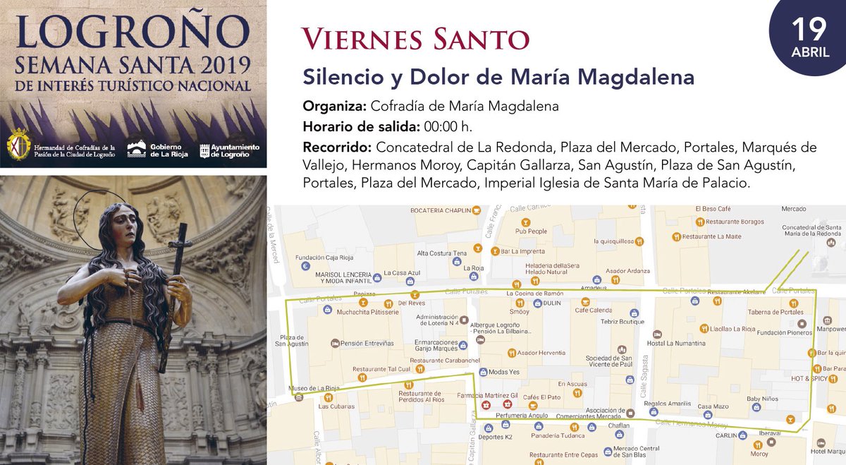ssantalogrono's tweet photo. #ViernesSanto, 19 Abril:
Procesión Silencio y Dolor de María Magdalena.
Vía-Crucis al Cristo del Humilladero.
Vía-Crucis y traslado del Santo Cristo de las Ánimas.
Magna Procesión del Santo Entierro.
#SemanaSantaLogroño #SemanaSanta2019 https://t.co/sObeh77rCG