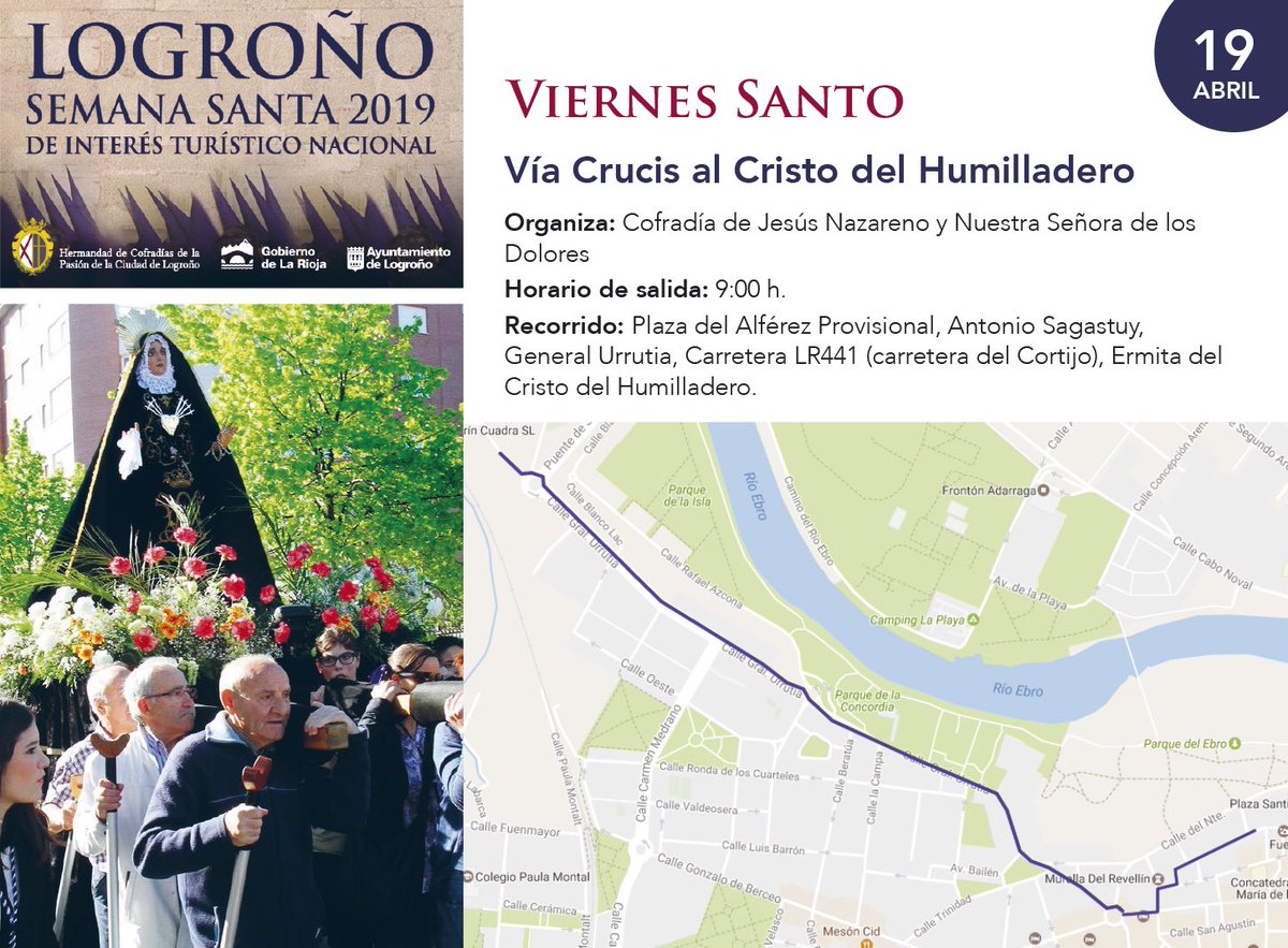 ssantalogrono's tweet photo. #ViernesSanto, 19 Abril:
Procesión Silencio y Dolor de María Magdalena.
Vía-Crucis al Cristo del Humilladero.
Vía-Crucis y traslado del Santo Cristo de las Ánimas.
Magna Procesión del Santo Entierro.
#SemanaSantaLogroño #SemanaSanta2019 https://t.co/sObeh77rCG
