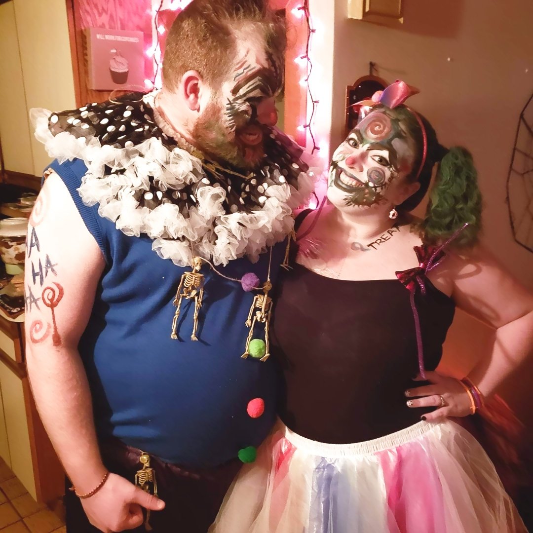 julieannegay's tweet photo. My favorite Halloween costume ever!! We have an annual Halloween party at our house and my husband and I dressed as Trick and Treat the clowns! It was so fun to create these characters and use our imaginations to put them together. Products used are Snazaroo. 🎃 #Friendchella! https://t.co/70R9QBHWJK