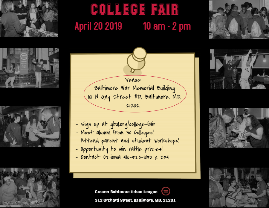 BaltCityHall's tweet photo. This Saturday from 10am-2pm the @GBULorg will host a College Fair at the War Memorial Building!! Meet alumni from 30 colleges, attend parent and student workshops, and sign-up for raffle prizes! Register at https://t.co/QM4l5qIlBN #springbreakbmore https://t.co/TNrbsNxTet