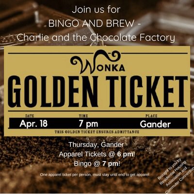 Bingo and Brew is TONIGHT in Gander! Apparel tickets start at 6pm, bingo and food starts at 7pm.