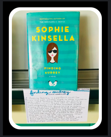 Catherine_Teach's tweet photo. 7th grade shelf-talker recommendation: Finding Audrey is the perfect novel for kids my age as the style is modern &amp; relatable. Audrey develops an anxiety disorder &amp; wears sunglasses until she meets her brother's friend, Linus. @ncte #buildyourstack @edutopia @teacher2teacher https://t.co/1RL9HhLPZ6