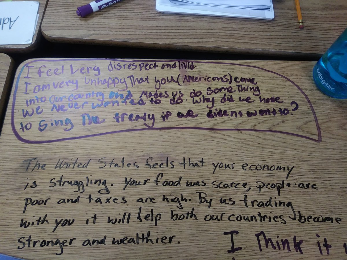 StephCahoj_D54's tweet photo. Texting about the American/Japanese trade treaty wasn't possible in 1853, but it was in room 223 today! The #SOSstrategy "Table Top Texting" allowed students to analyze the perspective of each nation using #creativivity and #collaboration! @DiscoveryEd #LakeviewSchool54 #DEN https://t.co/SZy3wFM274