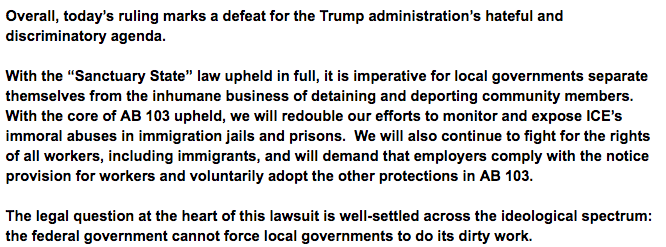 CALimmigrant's tweet photo. #ICEOutofCA statement on #ninthcircuit ruling re #sanctuary, #AB103, #AB450:
"Overall, today’s ruling marks a defeat for the Trump administration’s hateful and discriminatory agenda."
Full text below. #immigration #CAValuesAct https://t.co/4vs5Lvji6i