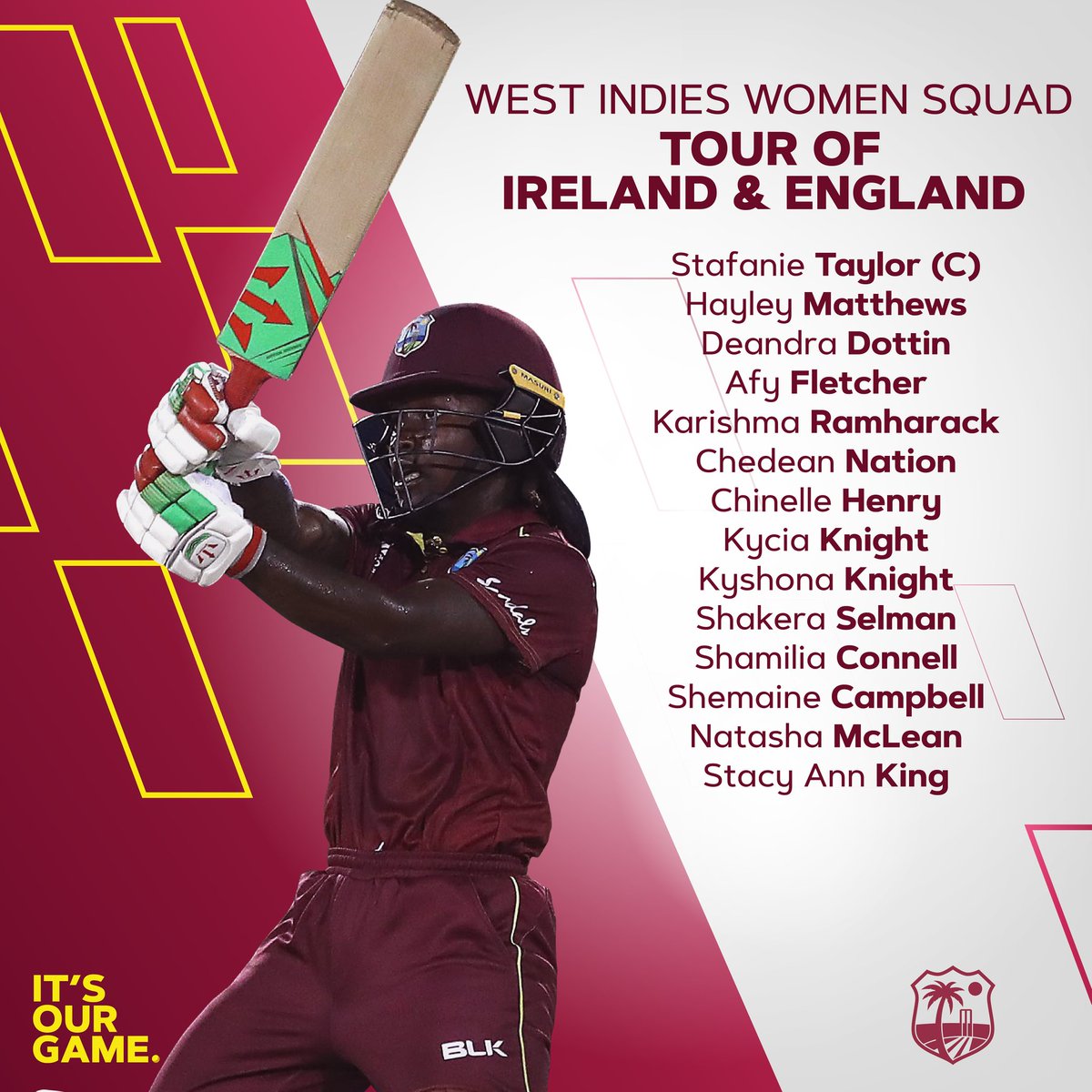 windiescricket's tweet photo. West Indies Women squad announced for Tour of Ireland and England 🌴🏏 #ItsOurGame

Tour Dates 📅: May 21 - June 26 https://t.co/DZh8NYusSy
