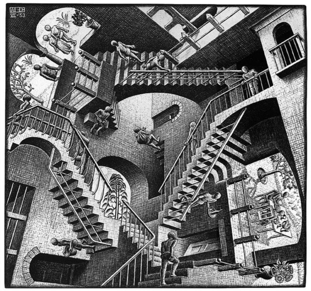 DieMelina's tweet image. Ein Meister der Illusion: MC Escher. Sein Bild &quot;Relativity&quot; ist so fesselnd, dass man den Blick kaum davon abwenden kann.
Was müssen wohl seine Gedanken gewesen sein, als er dieses Bild gezeichnet hat? 😯

#4von100Tweets #SMSChallenge #SMSTexten