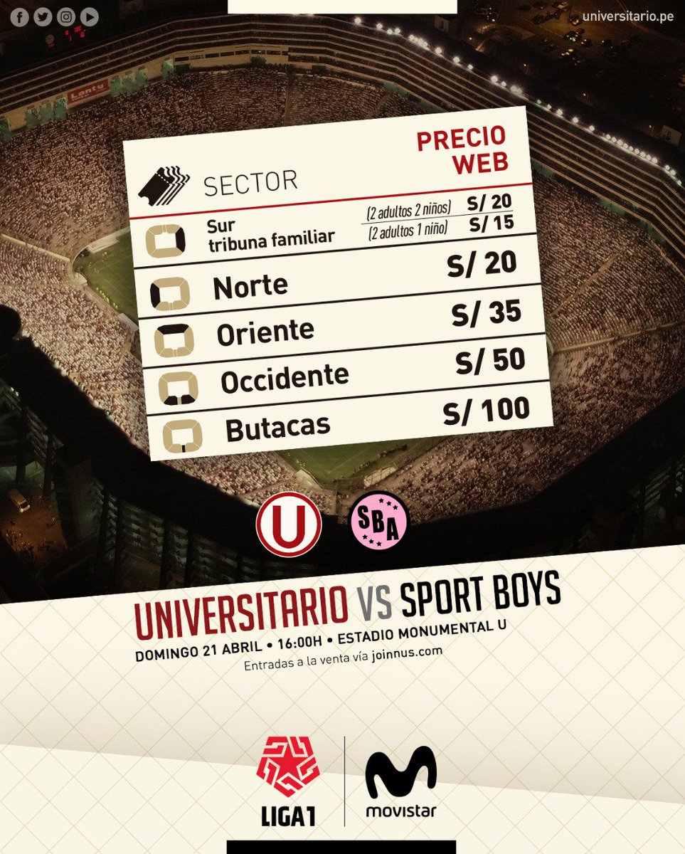 Universitario's tweet photo. 💪🏼 SEGUIMOS JUNTOS POR EL MISMO OBJETIVO ⭐️
🎫 💥VENTA DE ENTRADAS 💥🎫
📌 @Universitario vs. @sportboys
📆 Domingo 21 de abril
⏰ 16:00 h
🏟 Estadio Monumental
🎫Compra tus entradas vía @joinnus 👉🏼 https://t.co/vepBVDsqSs
#YdaleUtodaLaVida #UvSBA ¡A llenar el Monumental https://t.co/BYlA1VmEyW