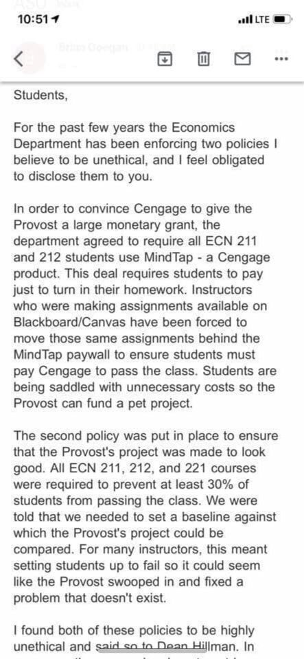 mattblively's tweet photo. This email was just sent to students from former @ASU professor @BrianGoegan who was reportedly fired after frustrations with school policy forcing students to pay for software required to pass classes. 

He’s asked students to contact @michaelcrow. 

@cronkitenews @12News @abc15 https://t.co/mnCYIfkKwe