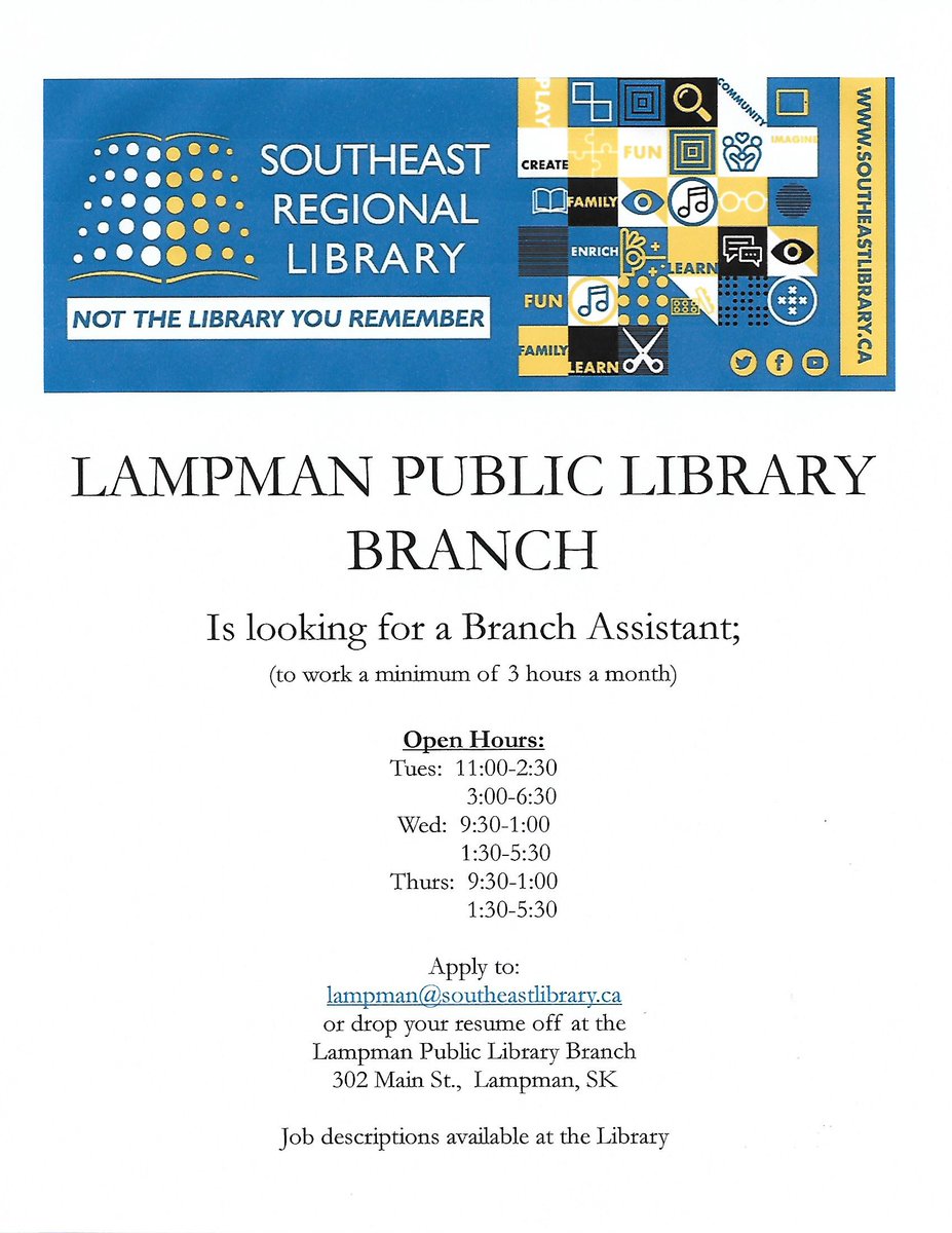 Job Posting...looking for an Assistant here in Lampman! Applications accepted until May 3, 2019. Please Share!