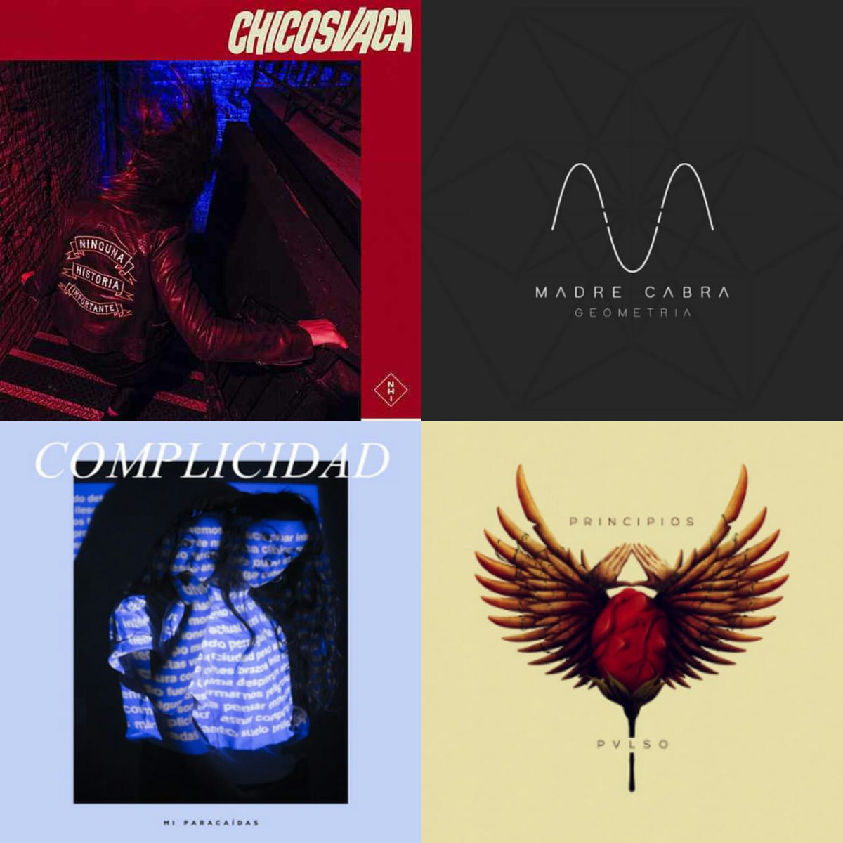 Rockandata's tweet photo. "Rock Alternativo"
- #Chicosvaca 💿 Ninguna Historia Importante
- #MadreCabra 💿 Geometría
- #MiParacaídas 💿 Complicidad
- #Pvlso 💿 Principios https://t.co/6IxxepF7n6