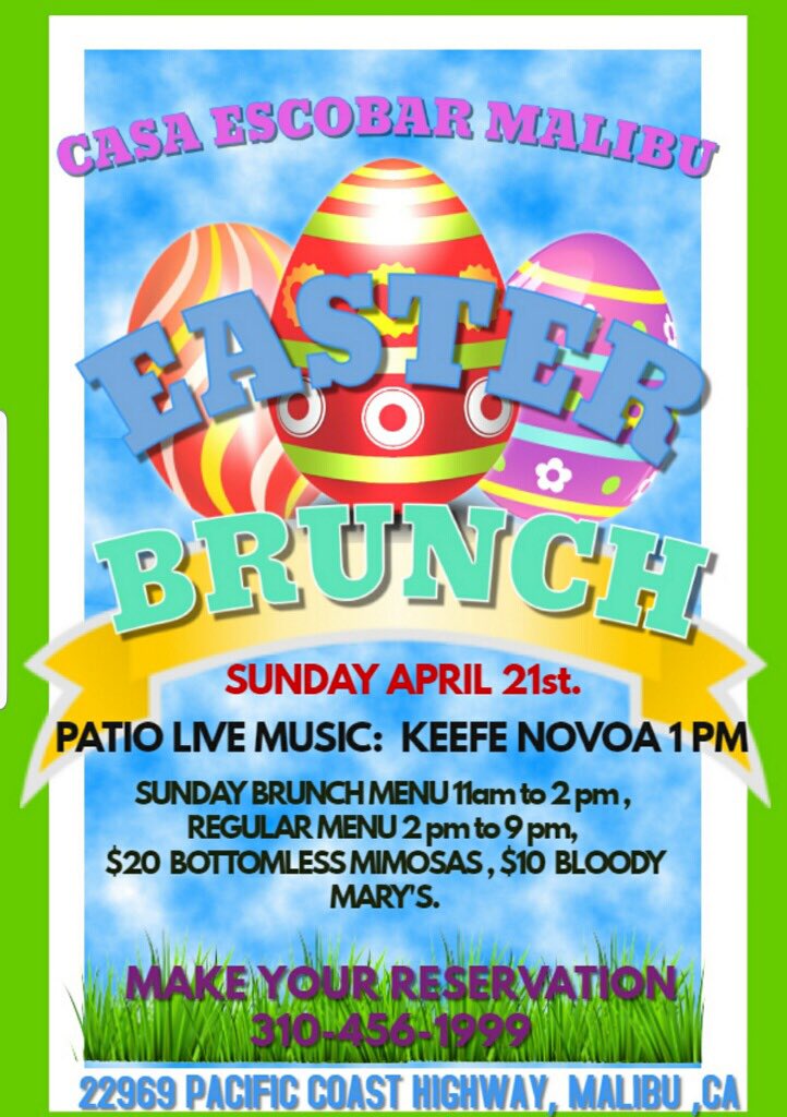 casaescobar's tweet photo. Join us for Easter Sunday Brunch! 
Regular Breakfast menu
Bottomless Mimosas!
Bloody Mary’s
#EasterSundayBrunch 
#bloodymarys @malibu_mary https://t.co/1u40qSSBfV