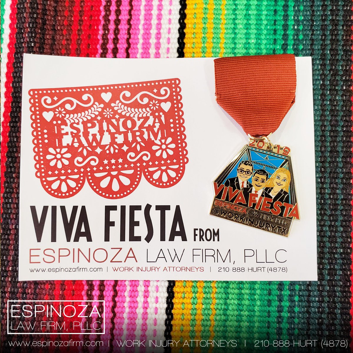 workinjurytx's tweet photo. It's #FIESTA2019! CALLING ALL ESPINOZA LAW FIRM CLIENTS: Come by our new office any time next week (M-F 8AM-5PM) to pick up your FREE FIESTA MEDAL! (One per client, first-come first-serve) #Fiesta safely & responsibly, #SanAntonio! #DontDrinkandDrive #CallALyft #VIAParkandRide https://t.co/uDa0JddF39