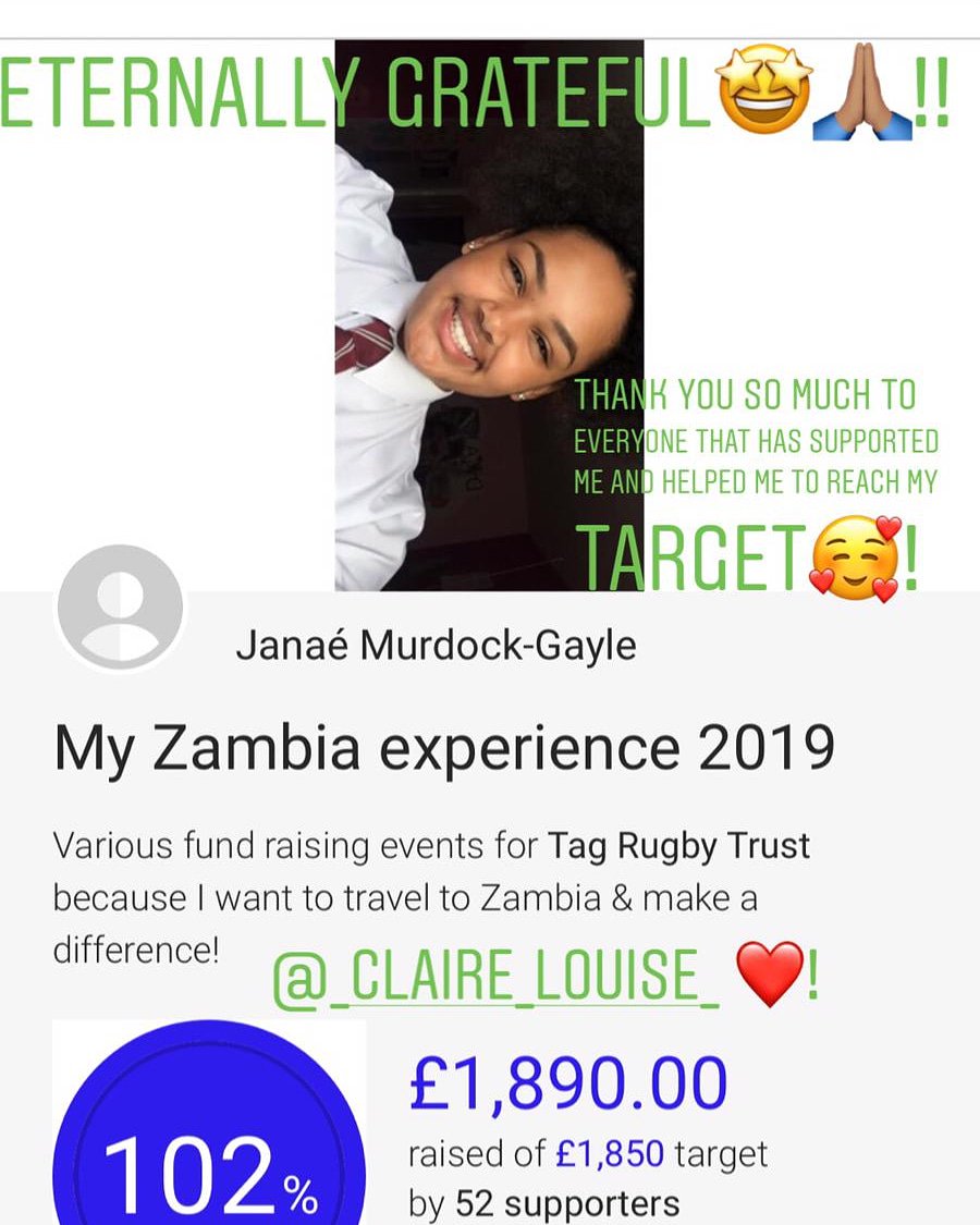_Claire_Louise_'s tweet photo. So.... My baby girl smashed her target today... Eternally thankful &amp; grateful for all the love, support and donations she has received! Zambia here she comes! #Zambia #TagRugbyTrust #JackPetchyFoundation ❤️💛💚 https://t.co/koEjBrVWo1