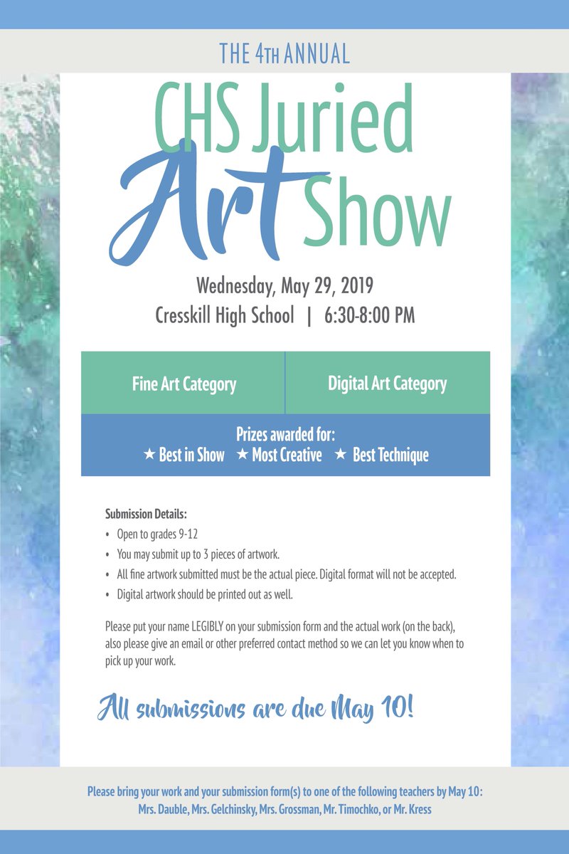 Don't miss the 4th Annual Juried Art Show at CHS on May 29!
This year prize categories are in Fine Art &amp; Digital Art! All submissions are due May 10!   <a href="/cresskill_photo/">Cresskill Photo Dept</a> <a href="/CresskillMSHS/">Cresskill MS/HS</a> <a href="/ArtDauble/">Leigh-Ann Dauble</a> <a href="/CresskillHSArt/">Catherine Gelchinsky</a>