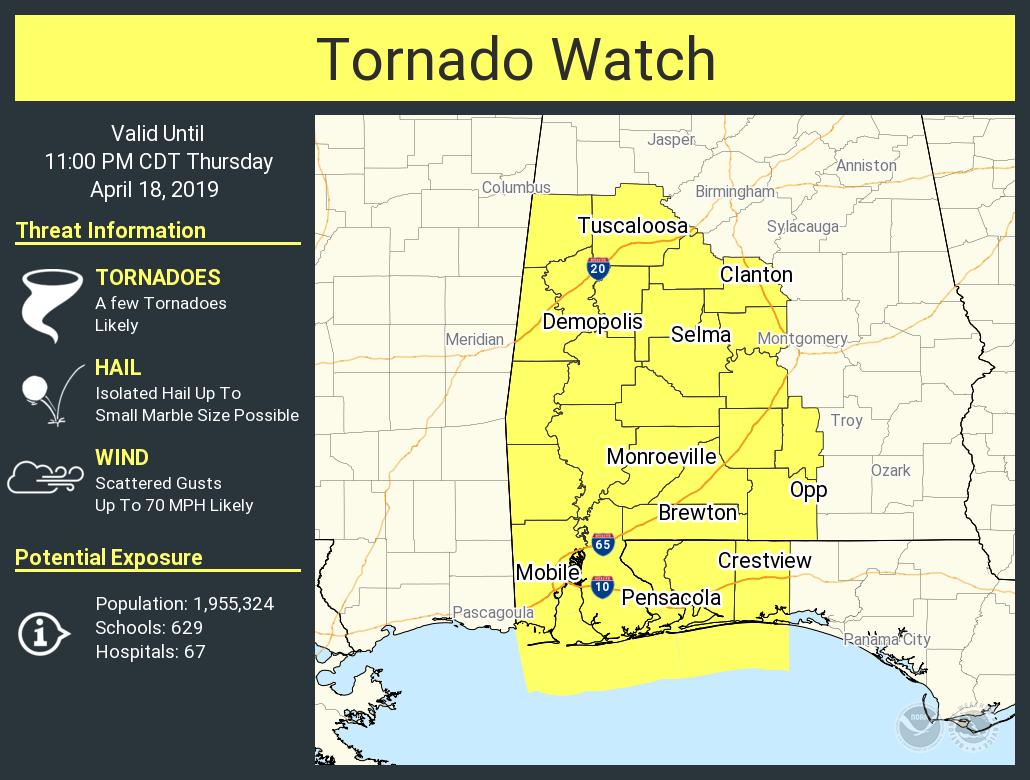 spann's tweet image. New tornado watch in effect for parts of West and Southwest Alabama until 11p CT. In the broad zone from Tuscaloosa to Mobile