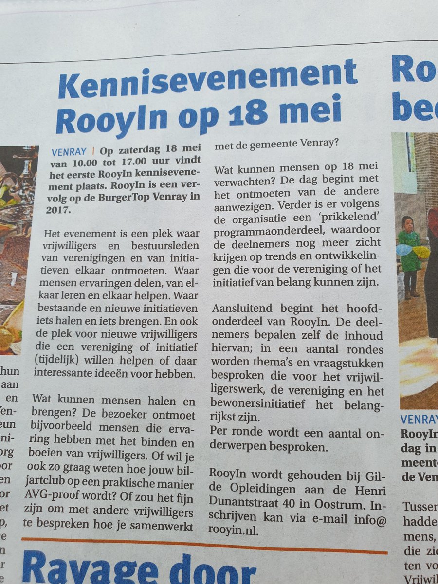 Ben jij ook vrijwilliger in de 14 dorpen en kernen van <a href="/Gemeente_Venray/">Gemeente_Venray</a> #cultuur #sociaal #zorg #natuur #sport #historie #geloof #leefbaarheid #enzovoort? Kom dan ook en schrijf je in! Uitnodiging RooyIn zaterdag 18 mei aanvang 10 uur #ontmoeten #leren #netwerken  <a href="/PeelenMaas1880/">Peel en Maas Venray</a>
