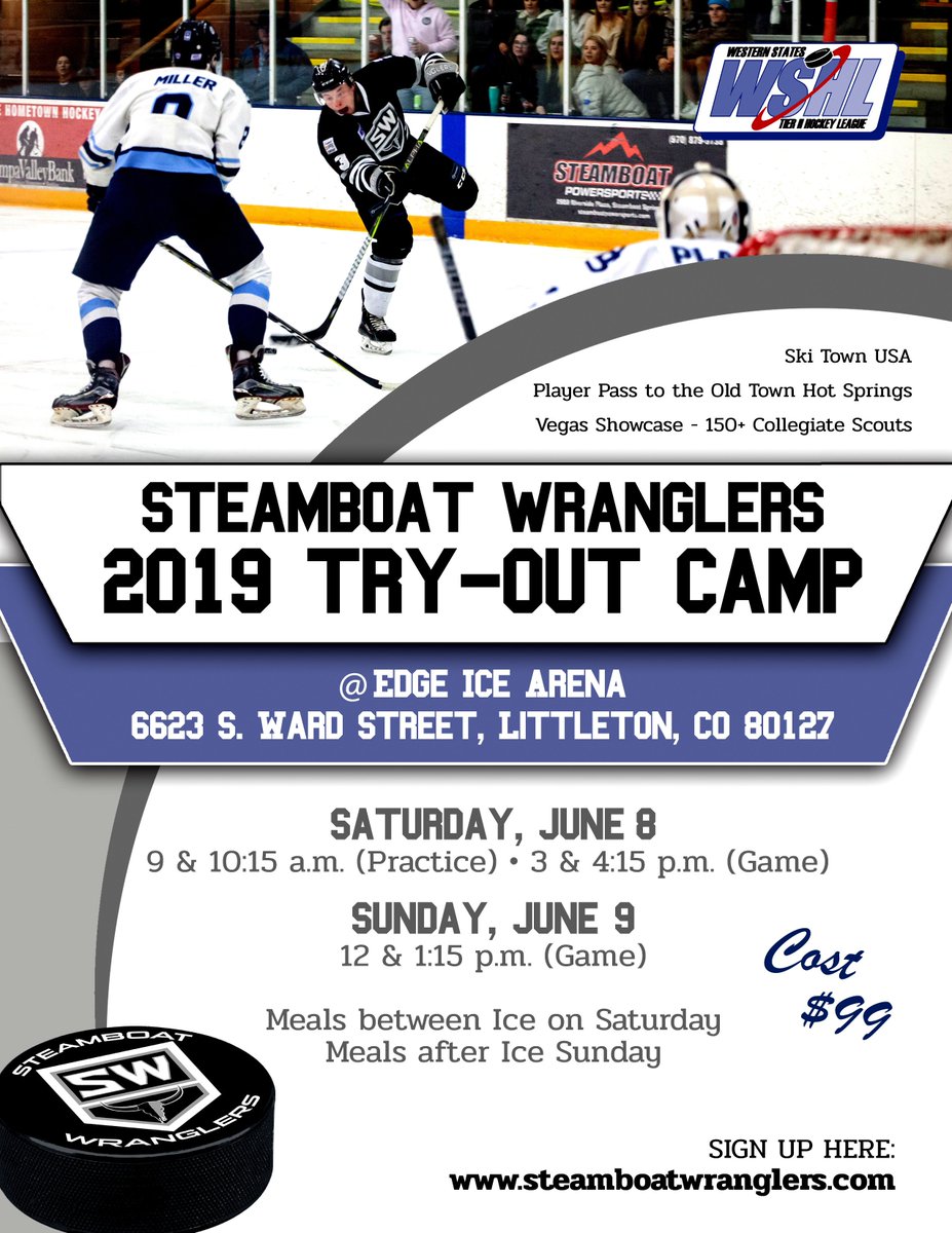 SWranglers's tweet photo. The first 2019 Tryout Camp for the Wranglers is set for June 8-9 at the Edge Ice Arena in Littleton.  Register today at: https://t.co/nmrko1ZWKm  @WSHLHockey @JrHockeyDotCom https://t.co/8NPNuK1A0w