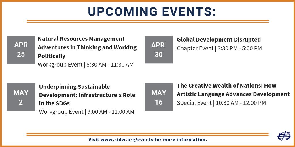 sidunitedstates's tweet photo. Check out some of our interesting events for the upcoming weeks! Please visit https://t.co/p04AugovdT to join and register.
Please sign up to our newsletter to get the latest update of all exciting events and networking opportunity with us!
#SIDWashington #eventsinDC #intdev https://t.co/Oc7KMa2a2B
