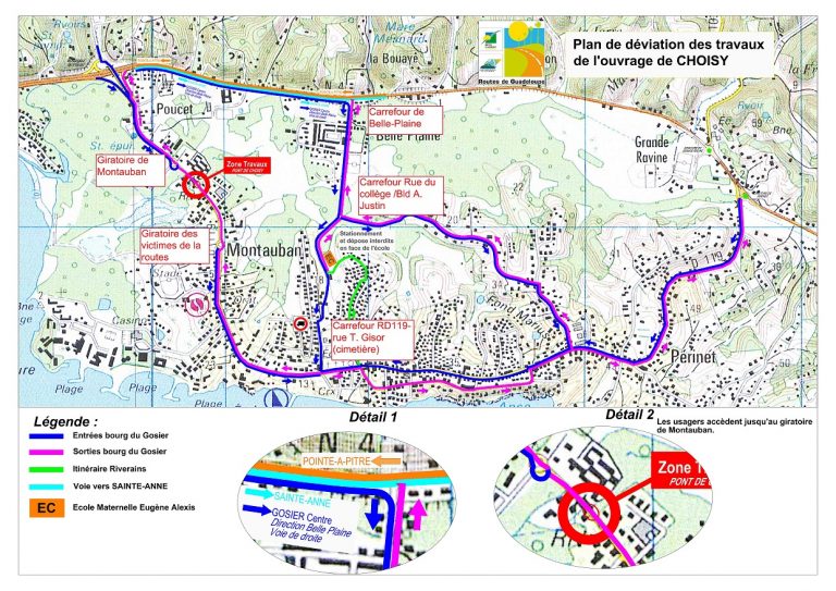 Travaux de reconstruction du Pont de Choisy, sur la Route  Départementale n°119, Commune de GOSIER à MONTAUBAN , se dérouleront du vendredi 19  avril au vendredi 30 juillet 2019.   DVIATIONS MISES EN PLACE PAR BELLE PLAINE