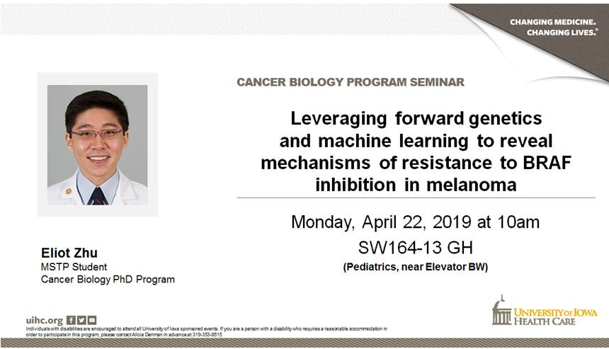 IowaMSTP's tweet photo. Cancer Biology Seminar by #IowaMSTP student Eliot Zhu on Monday, April 22 #ForwardGenetics #Melanoma https://t.co/2xUG82hlU5