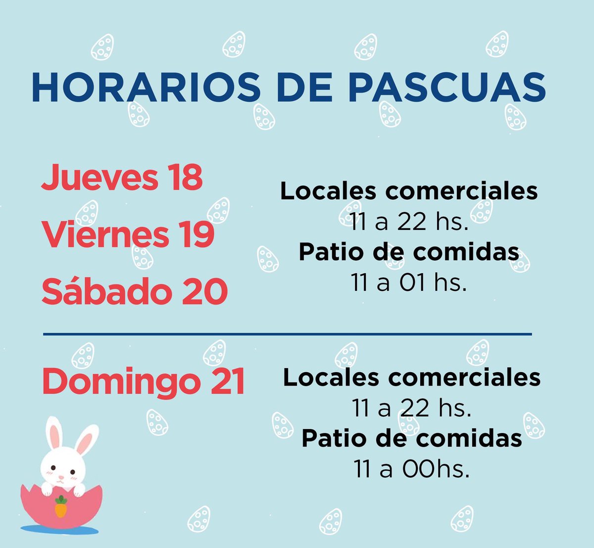 HORARIOS DE PASCUAS 🐰
Este finde largo el Shopping abre sus puertas en horario normal. ¡Te esperamos! 😊
