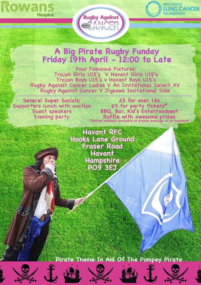 CancerRugby's tweet photo. Big shout out to everyone that’s made this day happen. The first ever @CancerRugby ladies match between RAC and The Black Pearls, @havantrfc v @TrojansFC1874 battle of the U15’s then RAC men v The Jigsaws. 4 unreal games plus family entertainment for all ages #rugbyagainstcancer https://t.co/rT5TbfgsKF
