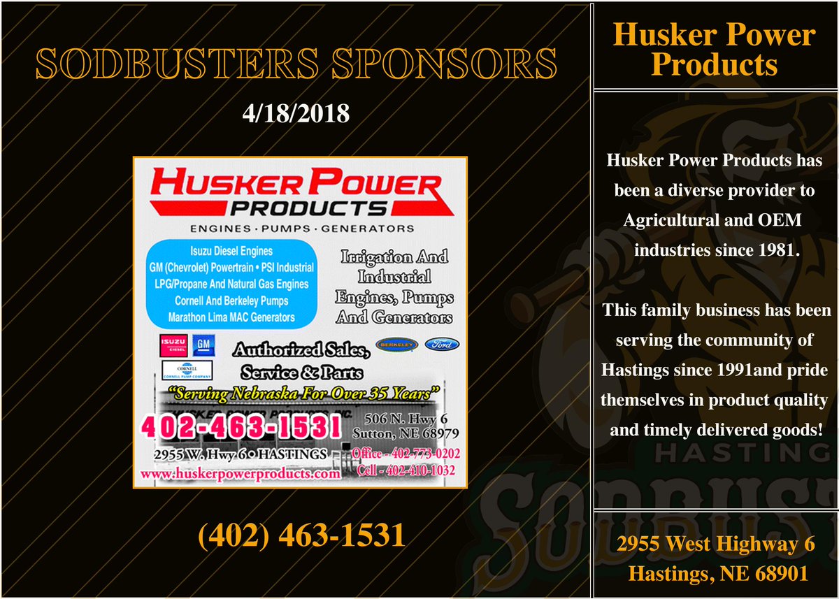 GoSodbusters's tweet photo. Week 5- Husker Power Products
Today we honor Husker Power Products! They have been serving Nebraska since the early 80's and have been a part of the Hastings community since 1991!
We thank them for their generous support!
#GoSodbusters https://t.co/L7qeXCASYY