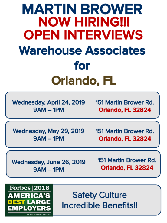Come join <a href="/MBHires/">Martin Brower</a> at our upcoming #OpenInterviews sessions! We'd be pleased to meet you! #MBHires #careerfair #HiringNow #NowHiring #warehousejobs #openinterviews  #Orlandojobs #floridajobs