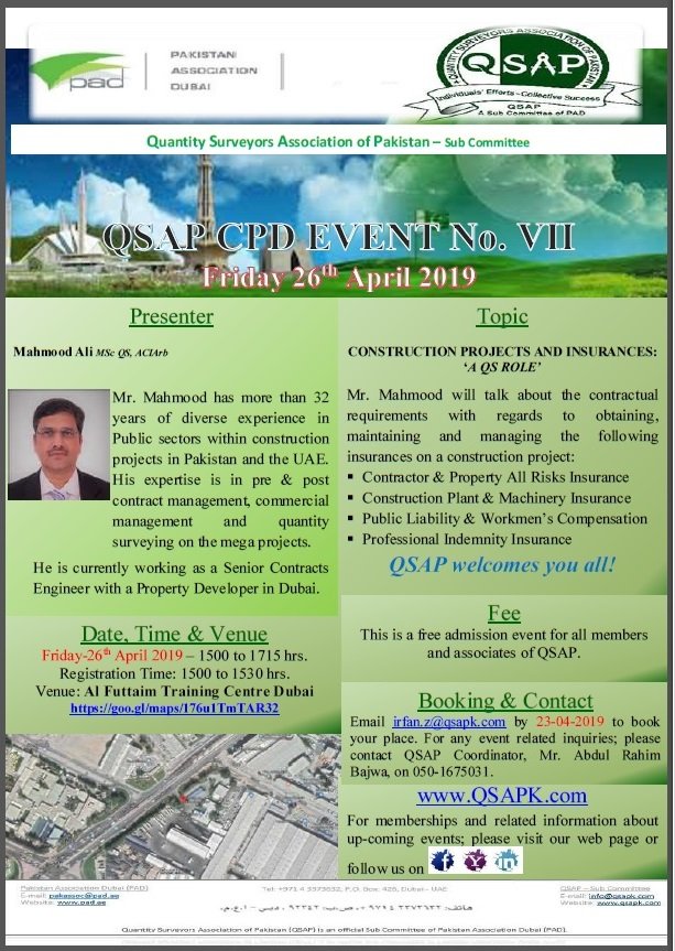 QSAPak's tweet photo. Once again QSAP brings you an opportunity to enhance your knowledge and learning. QSAP cordially invite you to attend *CPD Event No. 07 to be held in Dubai on Friday, 26 April 2019*.
Please refer to the enclosed flyer for further details about the CPD event. @RICSnews @RICSCPD https://t.co/KQ9kP8yDdn