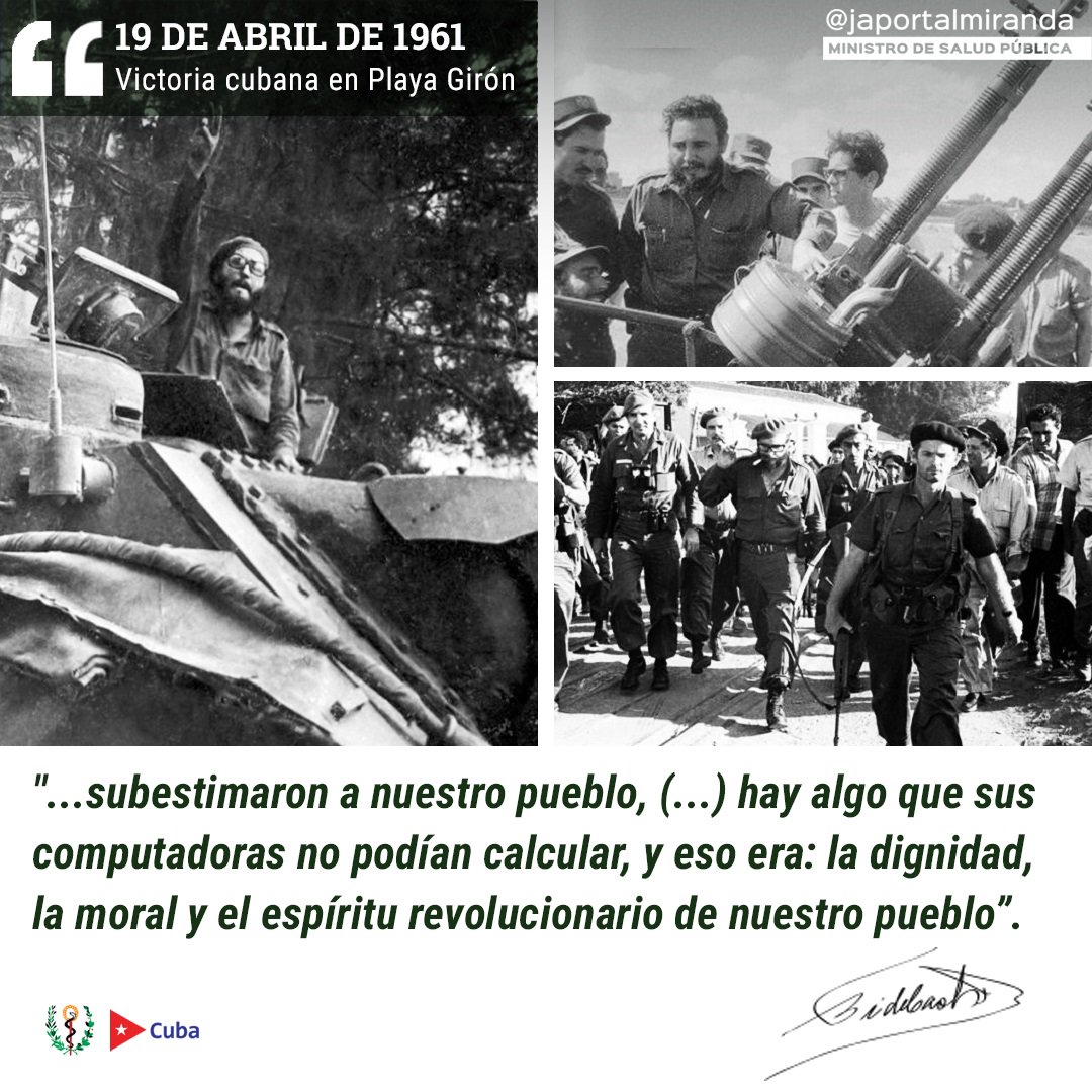 japortalmiranda's tweet photo. A 58 años de que el imperialismo mordiera el polvo de la derrota en #PlayaGirón, aplastado por la valentía del pueblo liderado por #Fidel, reafirmamos nuestra voluntad insoslayable de defender la soberanía de la Patria. La #victoria fue, es y será de #Cuba. 🇨🇺 #SomosContinuidad https://t.co/13qtKLcvxk