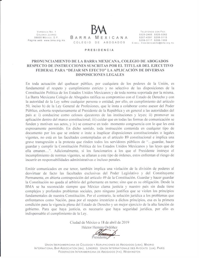 avillalon's tweet photo. Tengo la fortuna de contar entre mi familia y amigos a grandes juristas. Les comparto el pronunciamiento de la Barra Mexicana, Colegio de Abogados respecto al Memorándum reciente del Presidente. Un verdadero despropósito de @lopezobrador_ https://t.co/U1JM8uPbgi