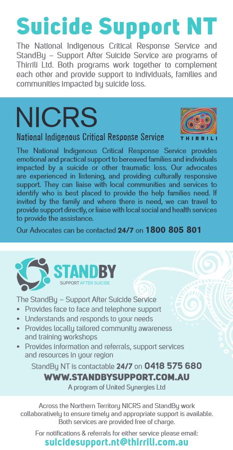WgarNews's tweet photo. @geoffrey_payne @LadyPoop2 @WhteRbbnAdvocat @Absurd_Penguin @anne_clothier @RachelQuayle08 @GoldCoastNurse @noplaceforsheep @LesStonehouse @bevhenwood @MorpheusBeing #AboriginalSuicide Support | #AboriginalTalk
#StandByNorthernTerritory - #SupportAfterSuicide
https://t.co/HrHcKaKaPe
'#StandByNT works collaboratively with #NICRS to provide #TimelySupport, #AppropriateSupport'
https://t.co/fuImvHj1ZP
NTflyerDownload: https://t.co/mpkJuuvZpA https://t.co/C16RXFp5hZ